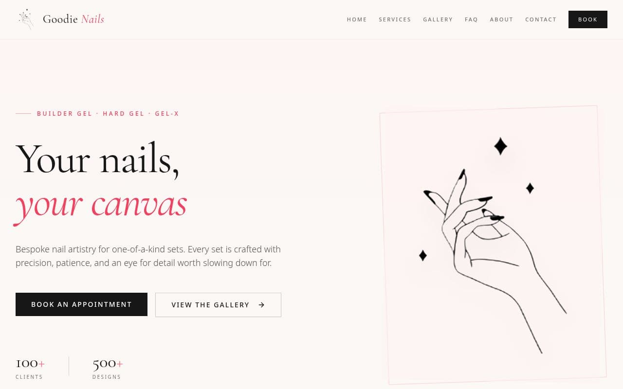 Goodie Nails homepage: the headline “Your nails, your canvas” beside a line drawing of a hand, with a Book an appointment button.